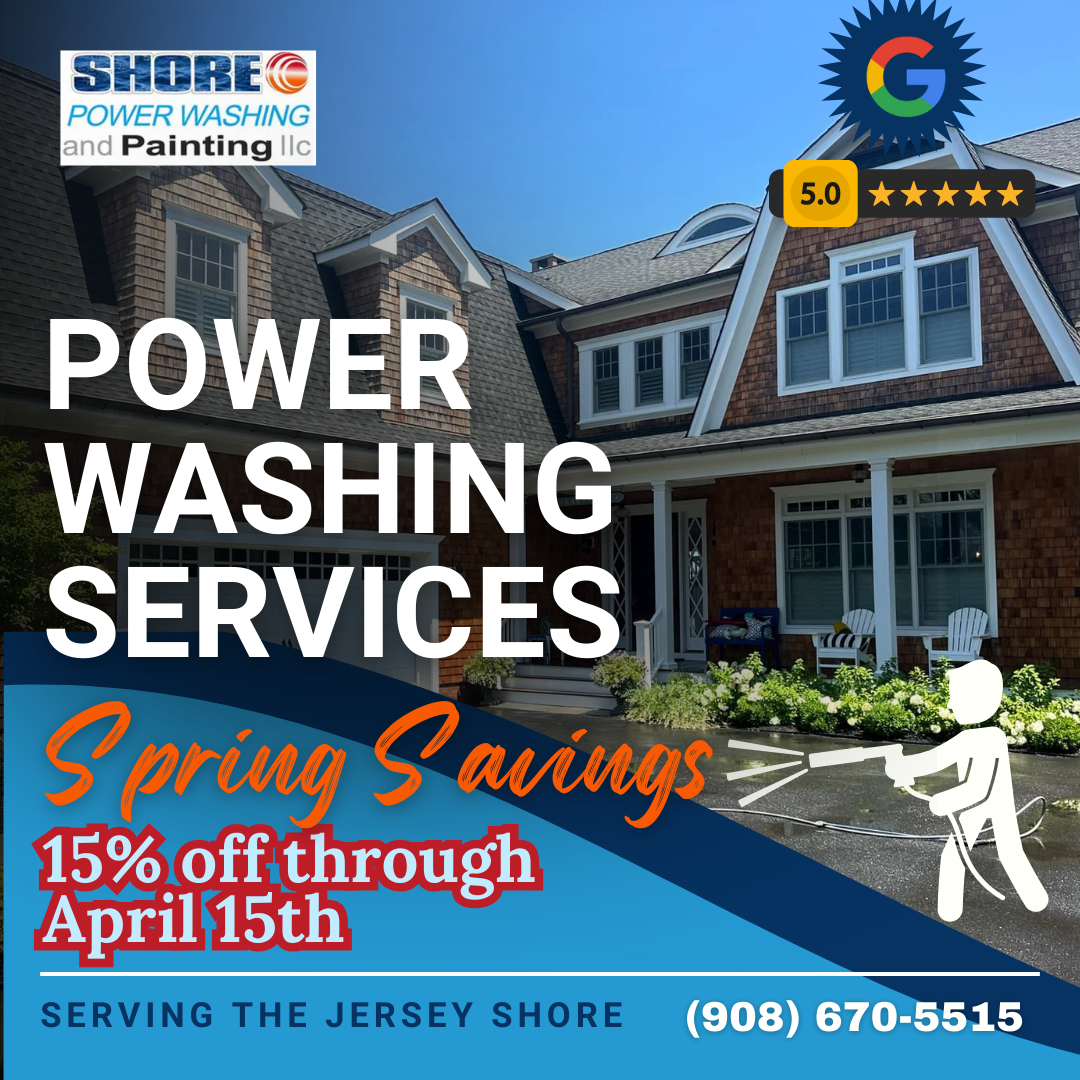 Power washing services advertisement, featuring a house, 15% off spring savings, and a phone number.