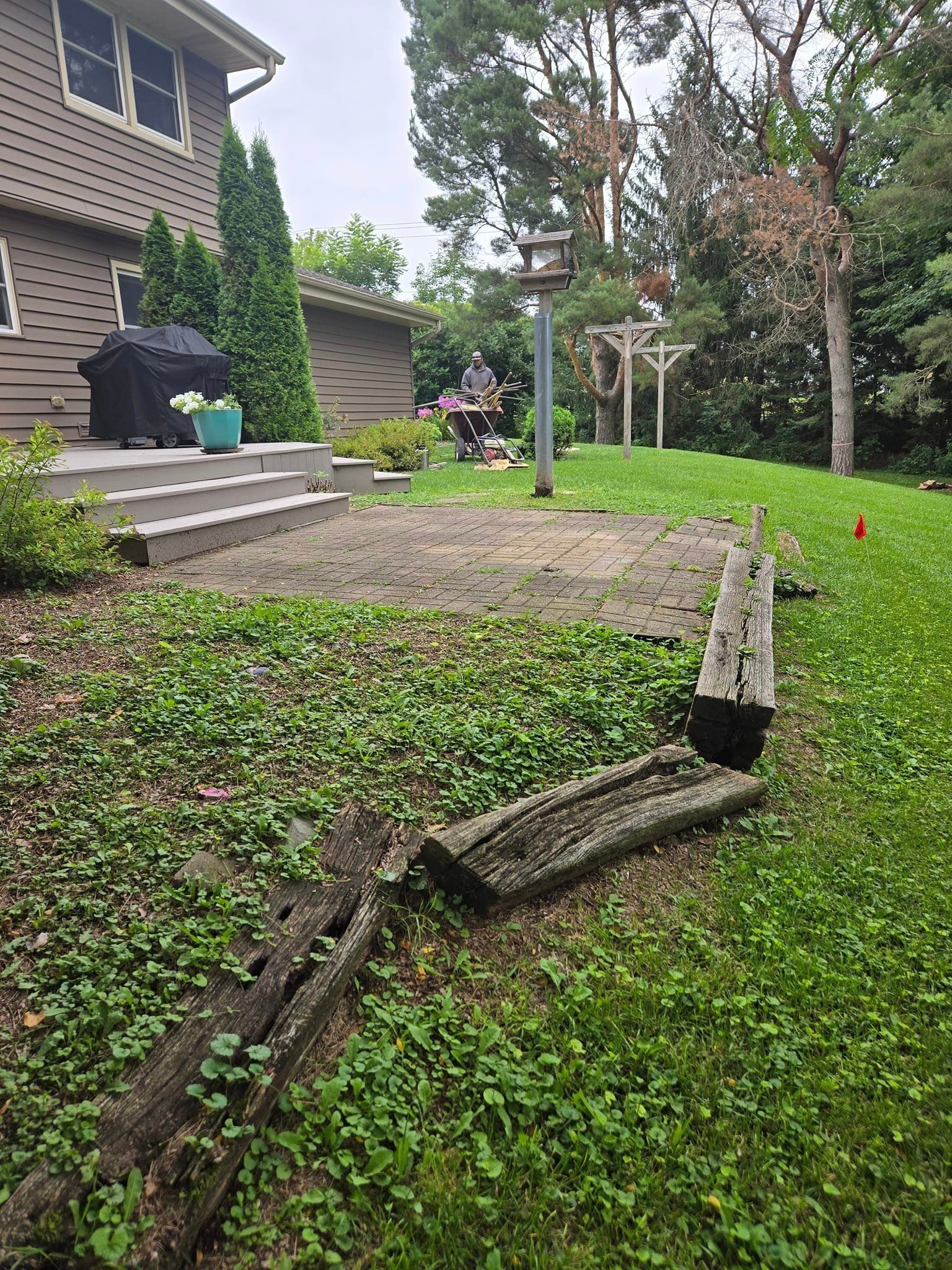 A log is laying in the grass in front of a house.