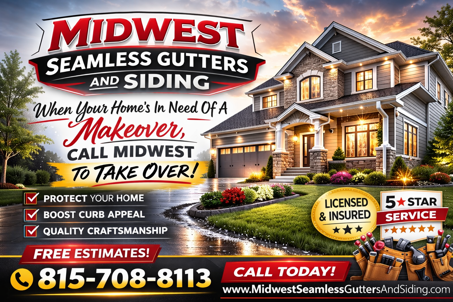 Billboard ad for Midwest Seamless Gutters and Siding with holiday lights sale and a Highland cow wearing antlers.