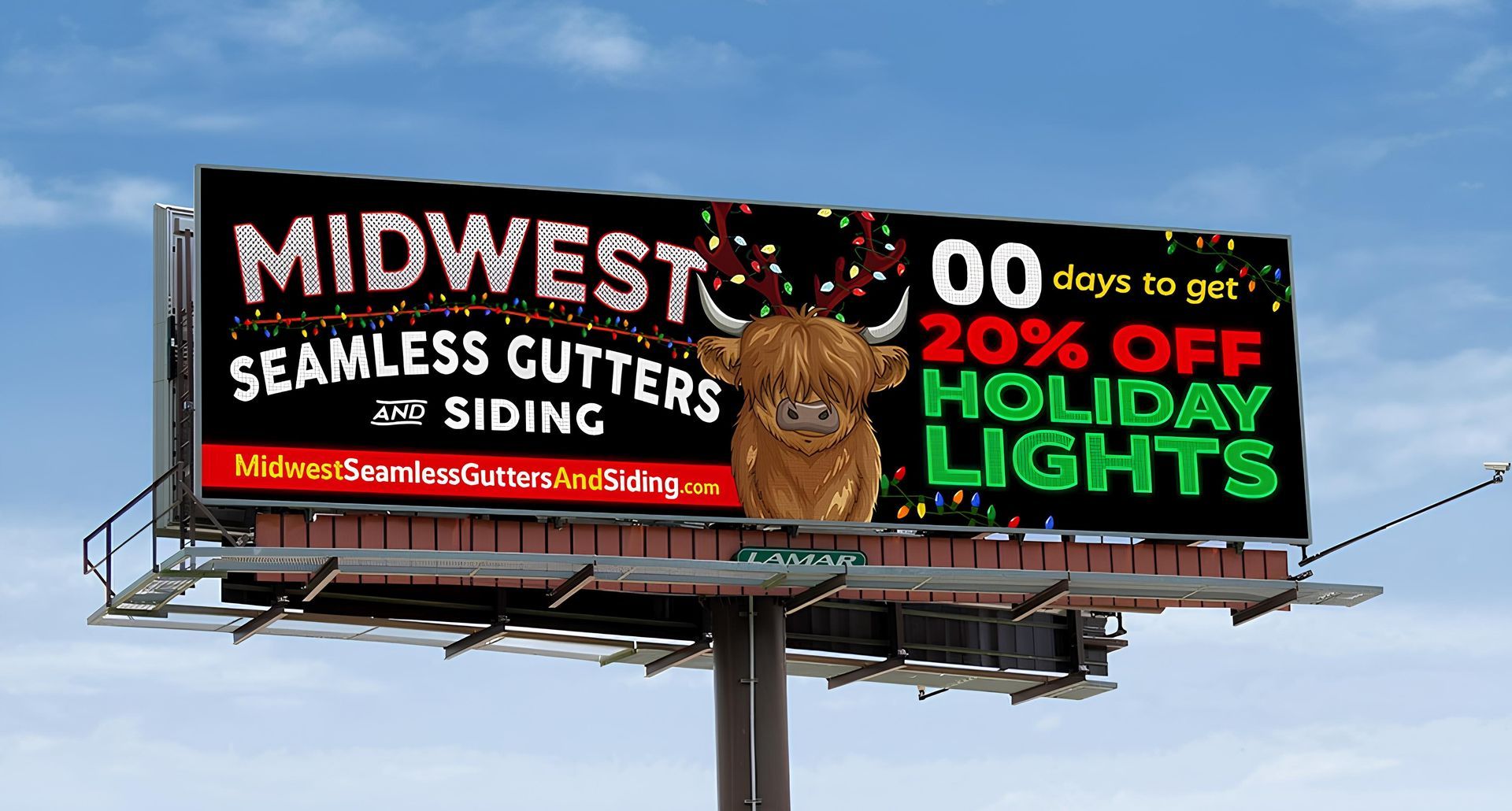 Billboard ad for Midwest Seamless Gutters and Siding with holiday lights sale and a Highland cow wearing antlers.