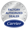 Carrier Factory Authorized Dealer badge with blue logo and gray “Trusted Experts” seal