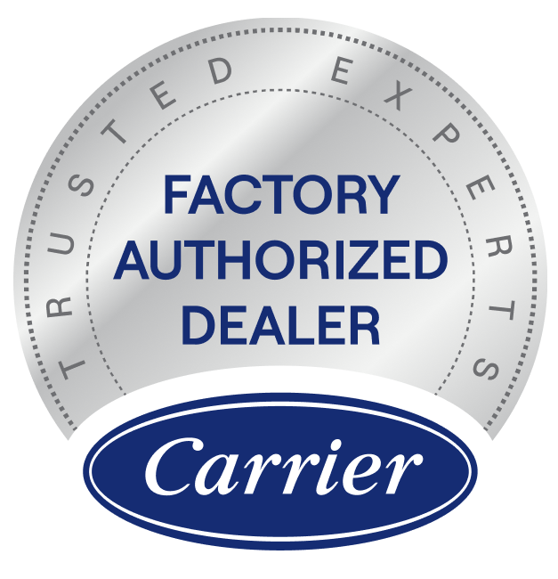 Carrier Factory Authorized Dealer badge with blue logo and gray “Trusted Experts” seal