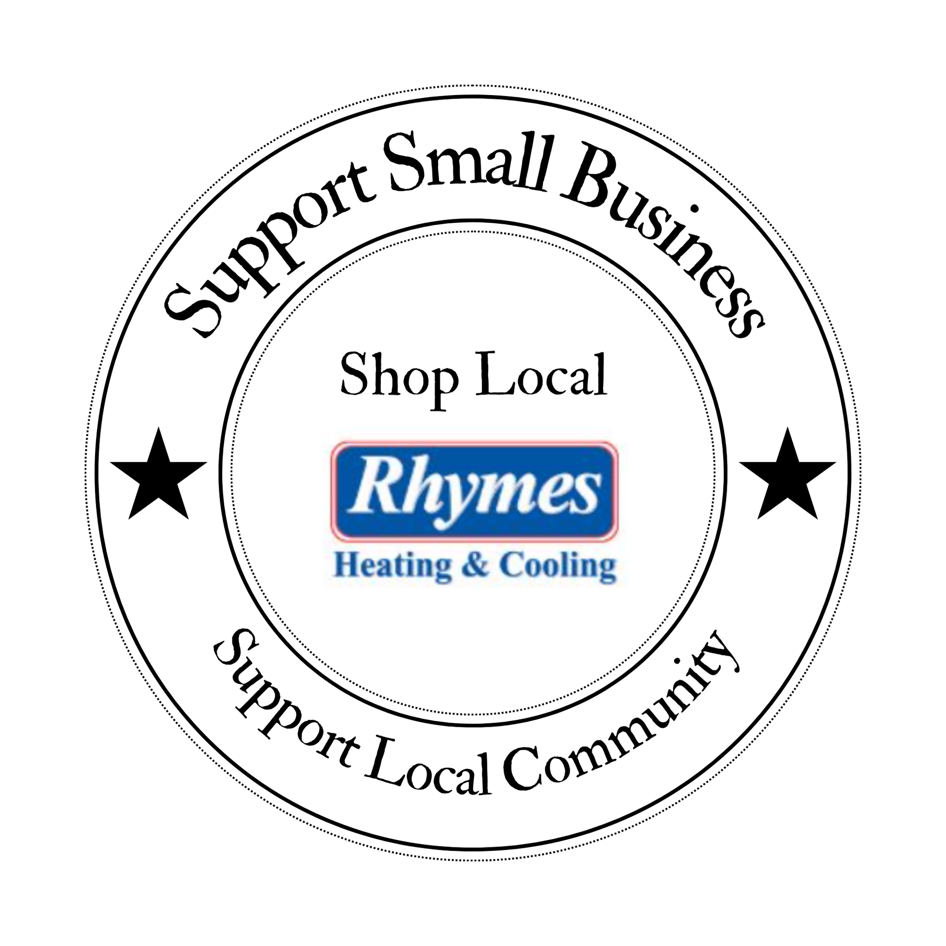 Circular “Support Small Business” logo for Rhymes Heating & Cooling, with “Shop Local” and stars.