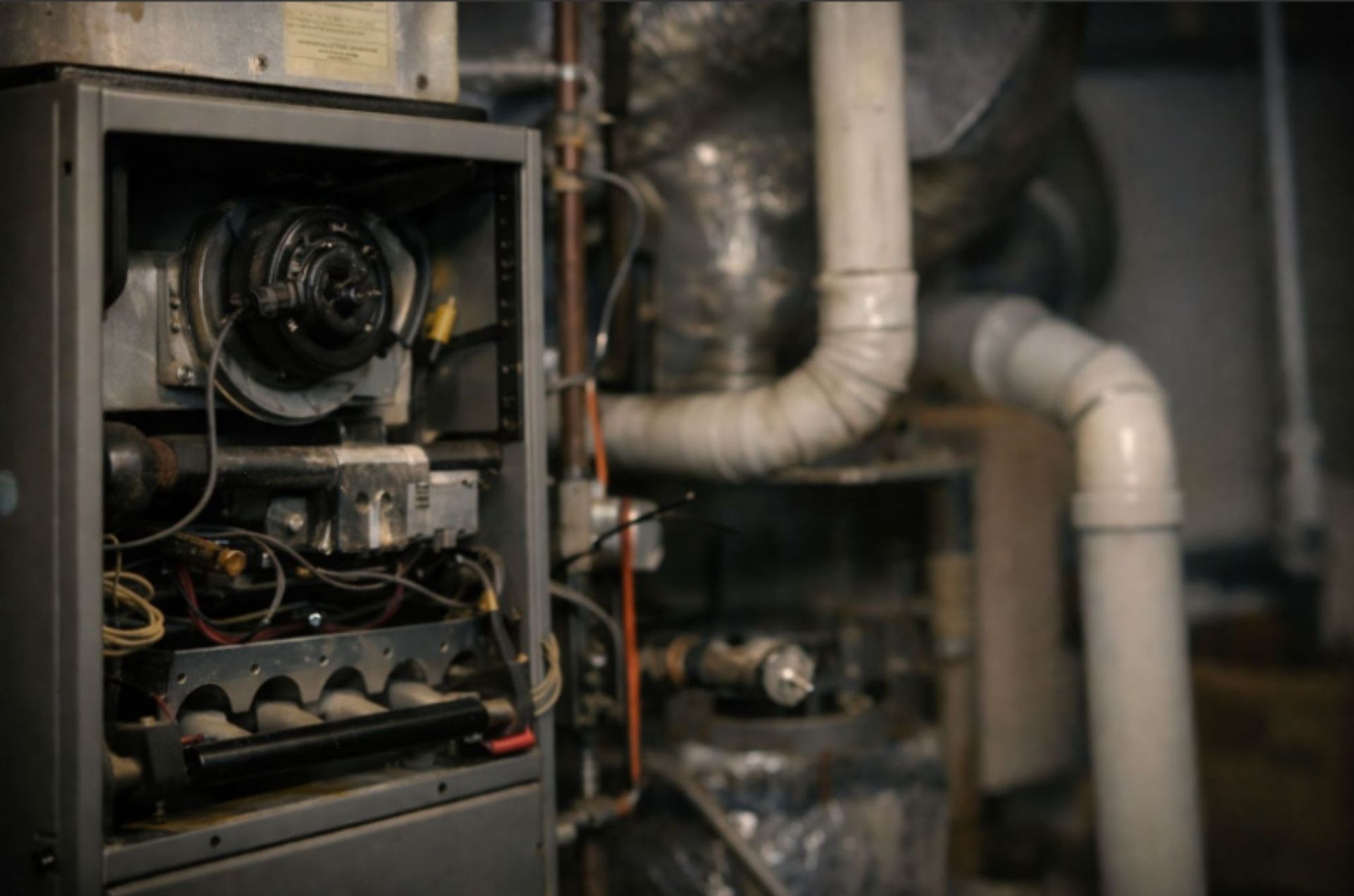Open furnace and ductwork in a dim utility room, with exposed pipes and wiring.