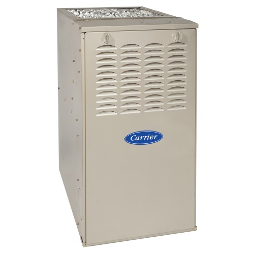 Beige two-door furnace with front vents and top exhaust opening