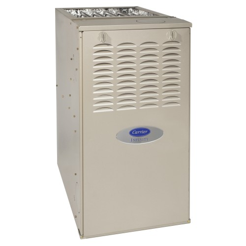 Beige furnace unit with louvered front vents and a blue logo badge.