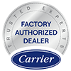 Carrier Factory Authorized Dealer badge with blue oval logo on a silver circular seal