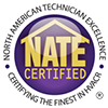 NATE Certified logo with gold “NATE” on a blue shield and circular certification text around it