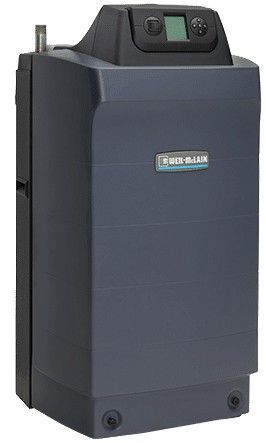 Black and gray tankless water heater unit with digital control panel on top
