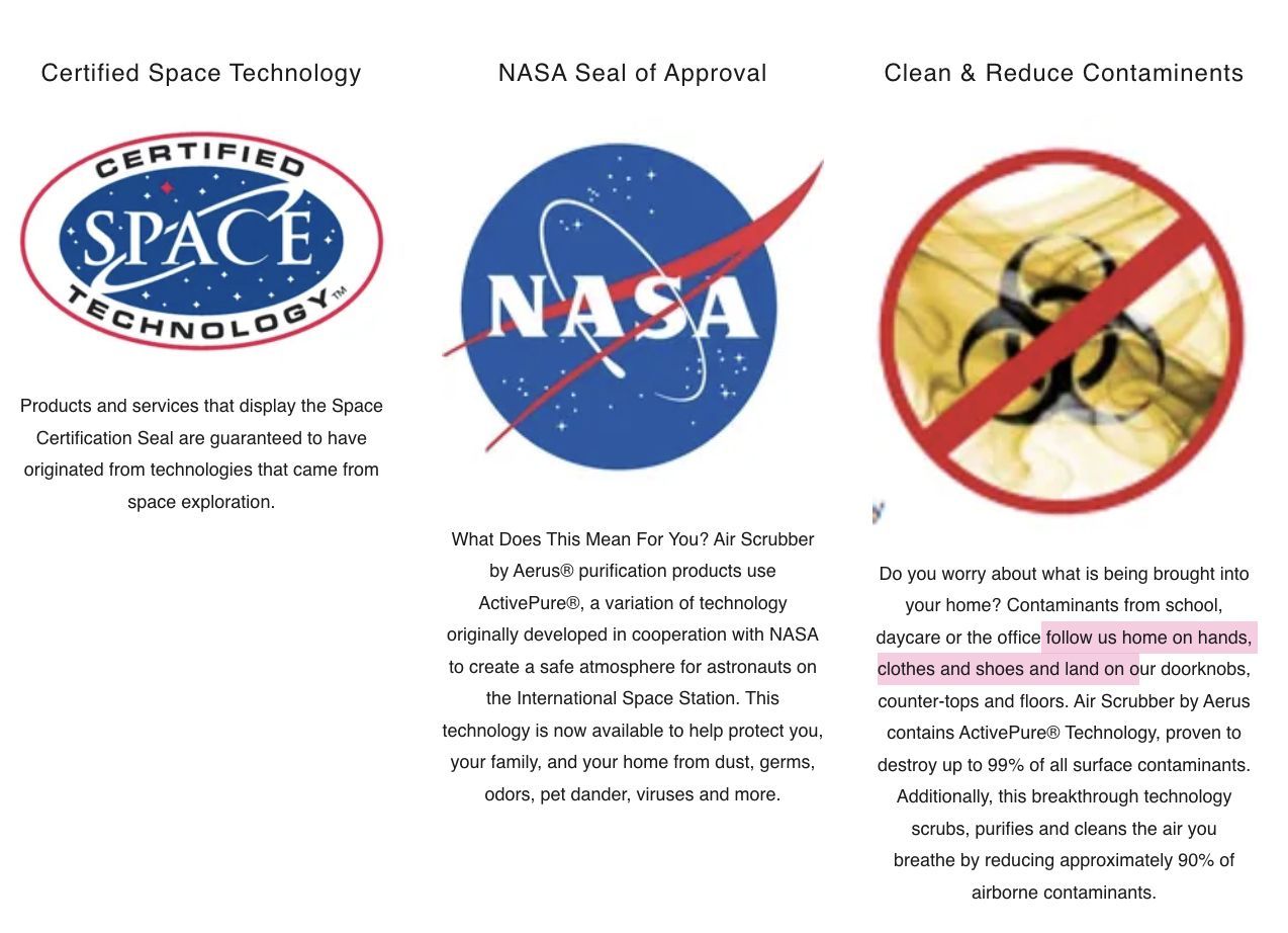 Three logos: Certified Space Technology, NASA Seal of Approval, and Clean & Remove Contaminants.