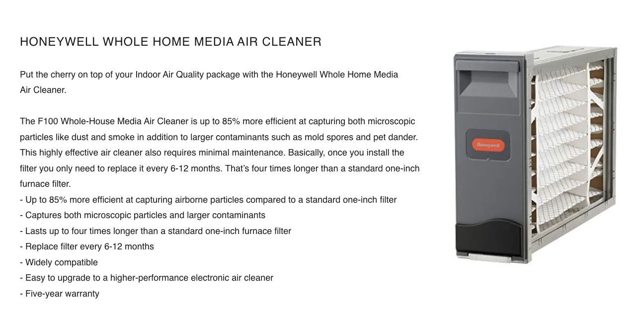 Honeywell whole home media air cleaner with text and product photo.