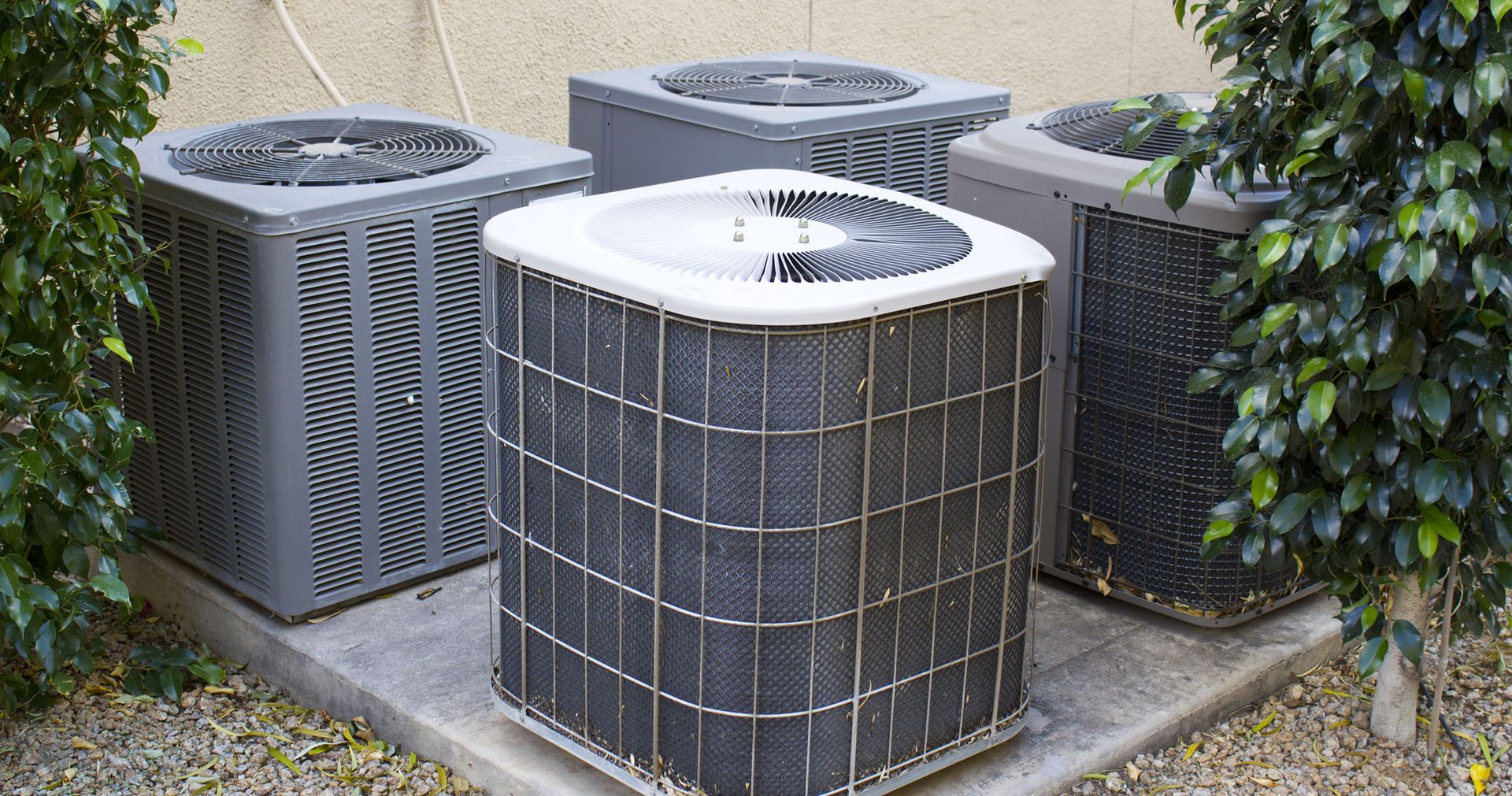 Four outdoor air conditioning units near bushes.