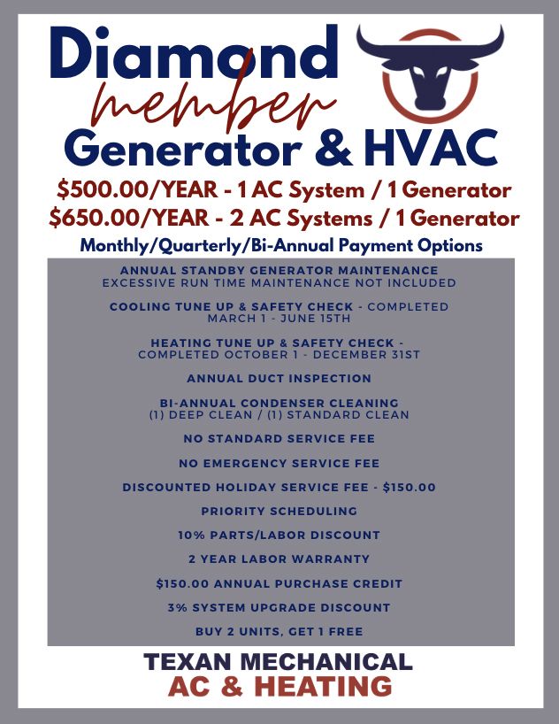 Flyer for Diamond Member Generator & HVAC services, pricing, and benefits from Texan Mechanical AC & Heating.