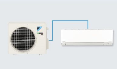 An air conditioner unit with an exterior compressor connected to an indoor unit.