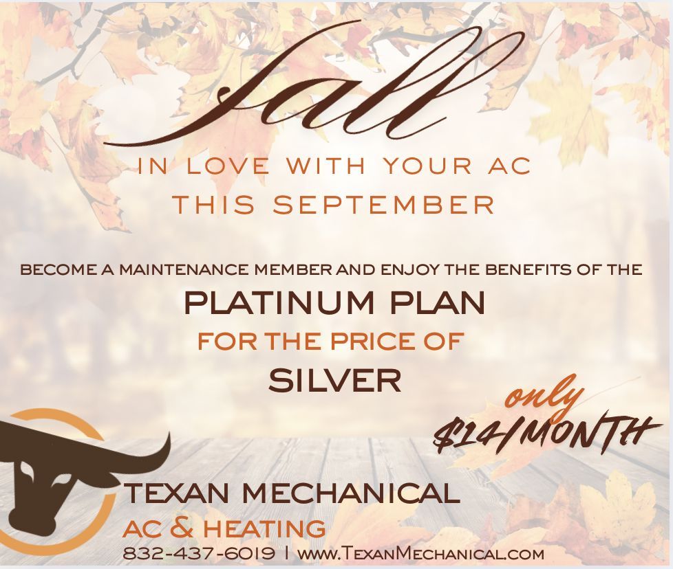 Ad: Texan Mechanical AC & Heating, fall promo. Get Platinum plan for Silver price, $14/month. Brown, autumn theme.