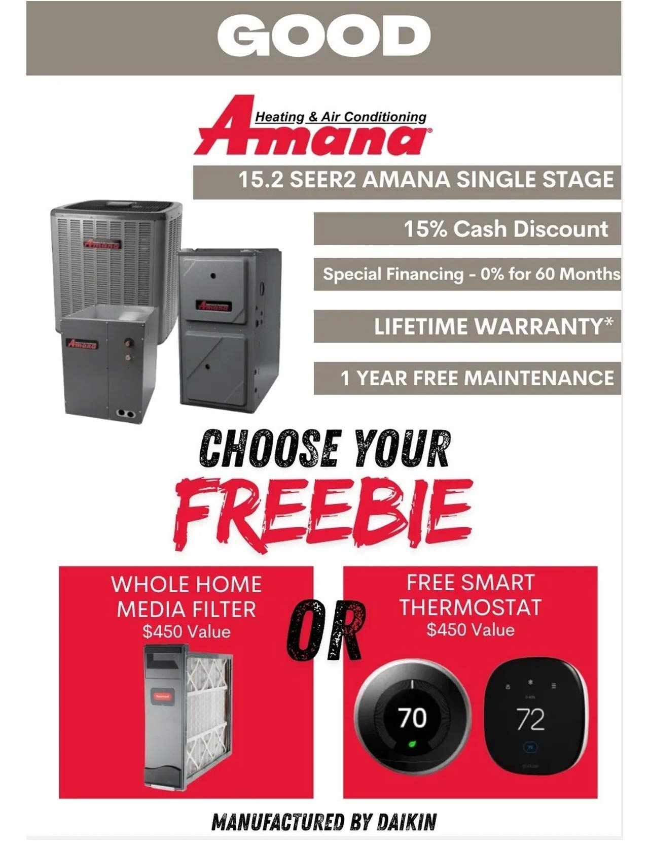 Advertisement for Amana HVAC system with a cash discount, warranty, and choice of free filter or thermostat.
