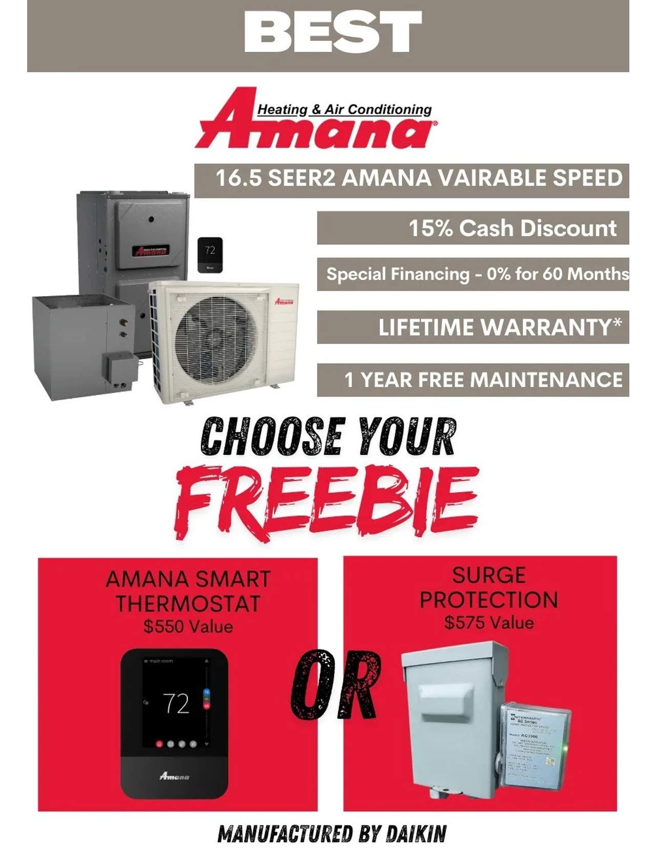 Amana HVAC promotion: variable speed unit, 15% cash discount, choose a free smart thermostat or surge protection.