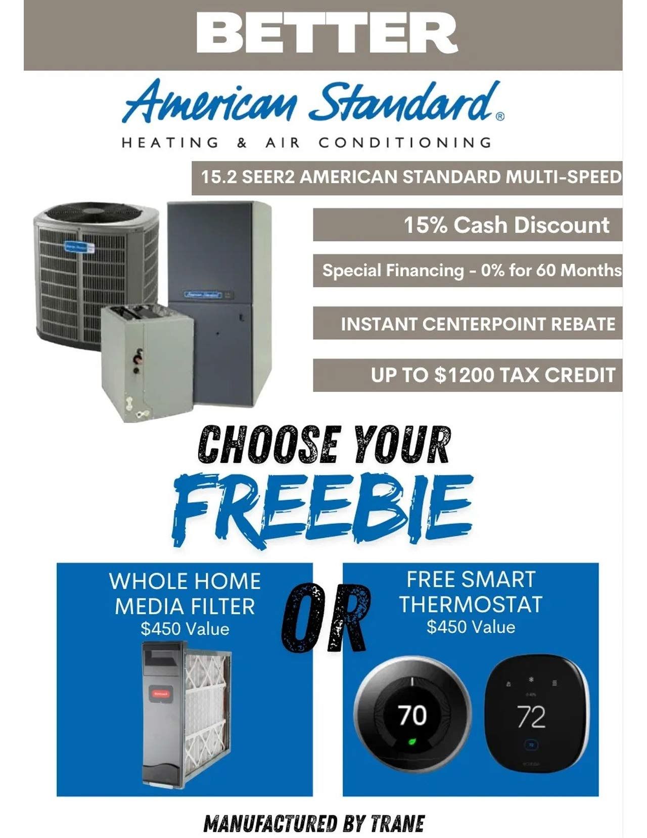 Advertisement for American Standard heating and air conditioning, with discounts, rebates, and choice of free media filter or smart thermostat.