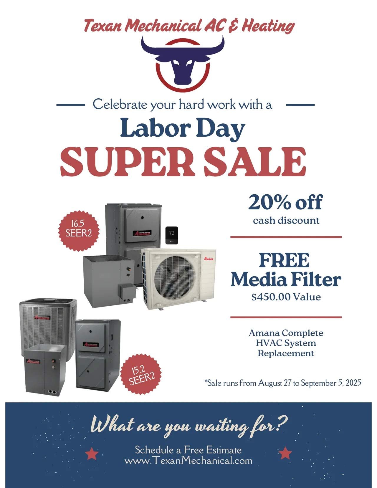 Labor Day sale flyer for Texan Mechanical AC & Heating: 20% off, free media filter.