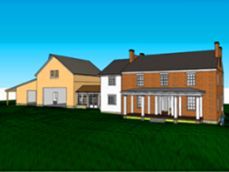 A digital rendering shows a brick colonial-style house attached to a yellow outbuilding and a white connector on grass.