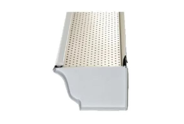 A white gutter with holes in it on a white background.