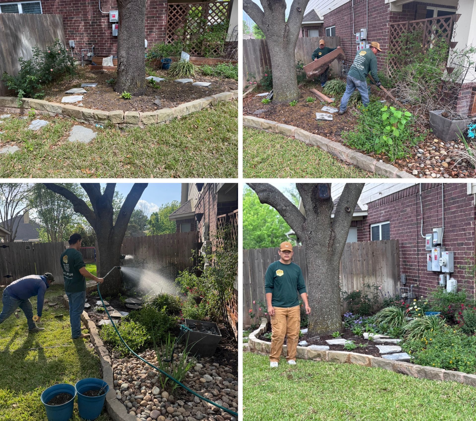 A four-panel collage showing workers clearing and maintaining a backyard garden bed next to a large tree and brick wall.