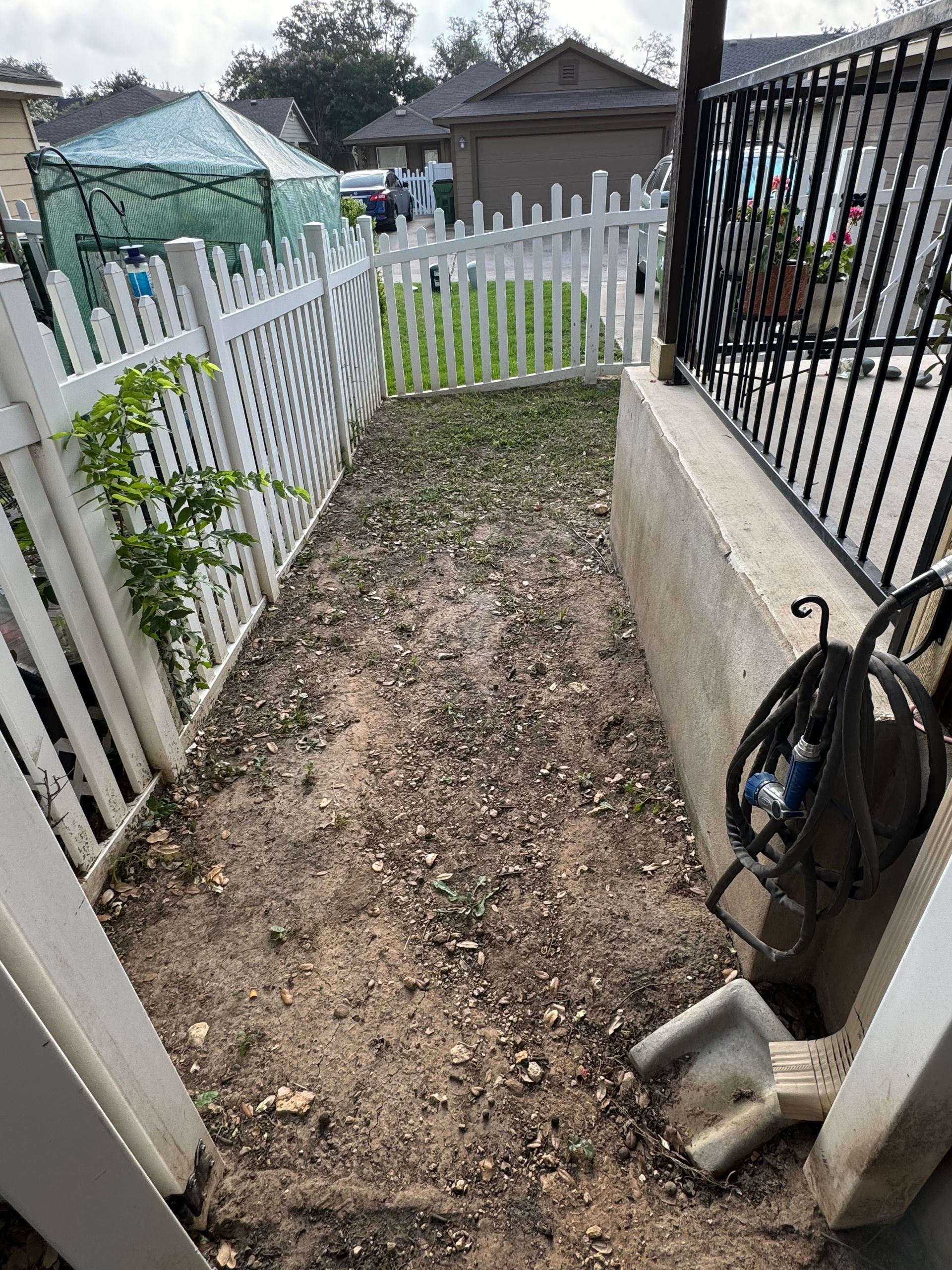 Narrow dirt path between a white picket fence and a concrete wall.