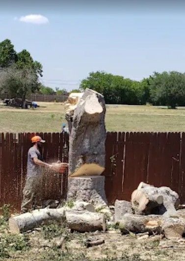 Man using a chainsaw to carve a wooden sculpture outdoors. Brown fence, trees, and bright sky.