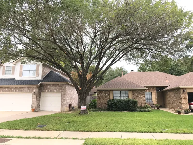 Large tree in front of two-story brick house, partially blocking the roof. Green lawn and blue sky.