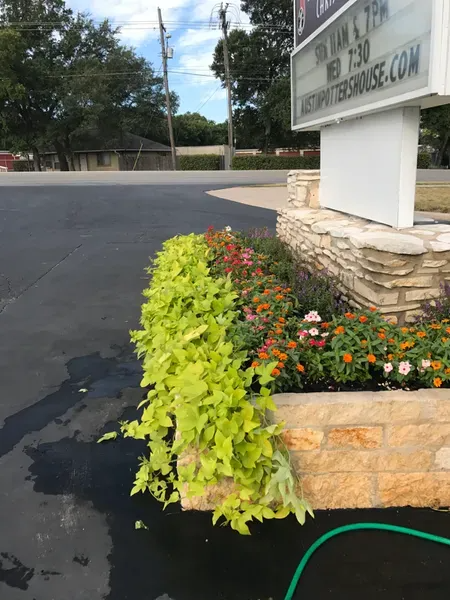 A planter box with bright green vines and colorful flowers next to a business sign.