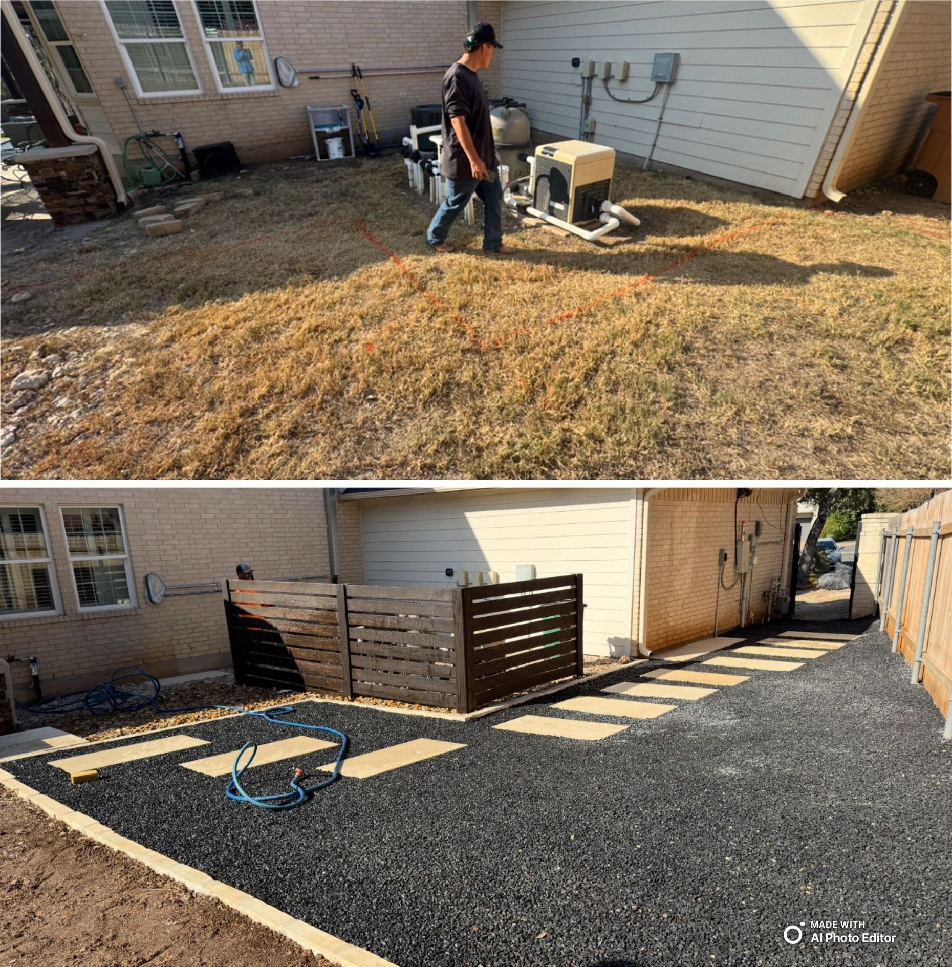 Before and after of a backyard landscaping project