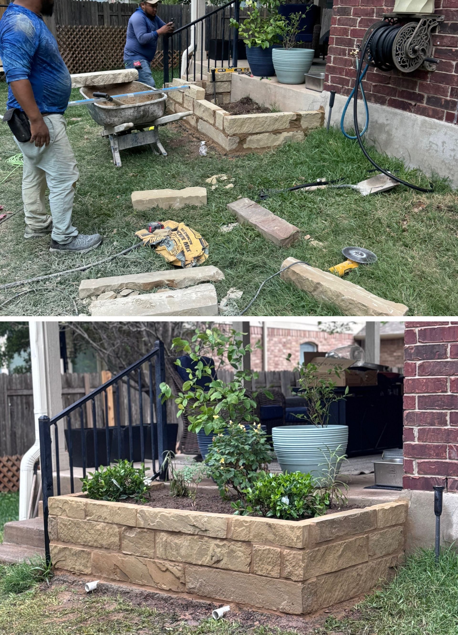 Two photos show the construction process and completed stone planter box next to a brick house.