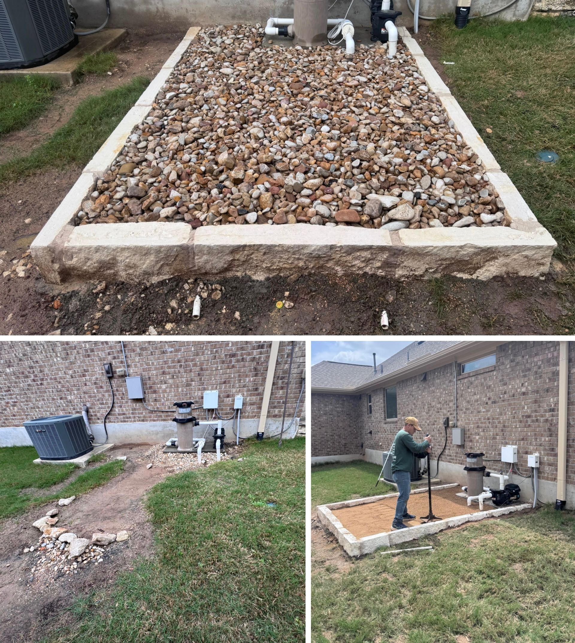 A collage showing the construction of a gravel equipment pad with stone edging and a worker operating pool pump equipment.