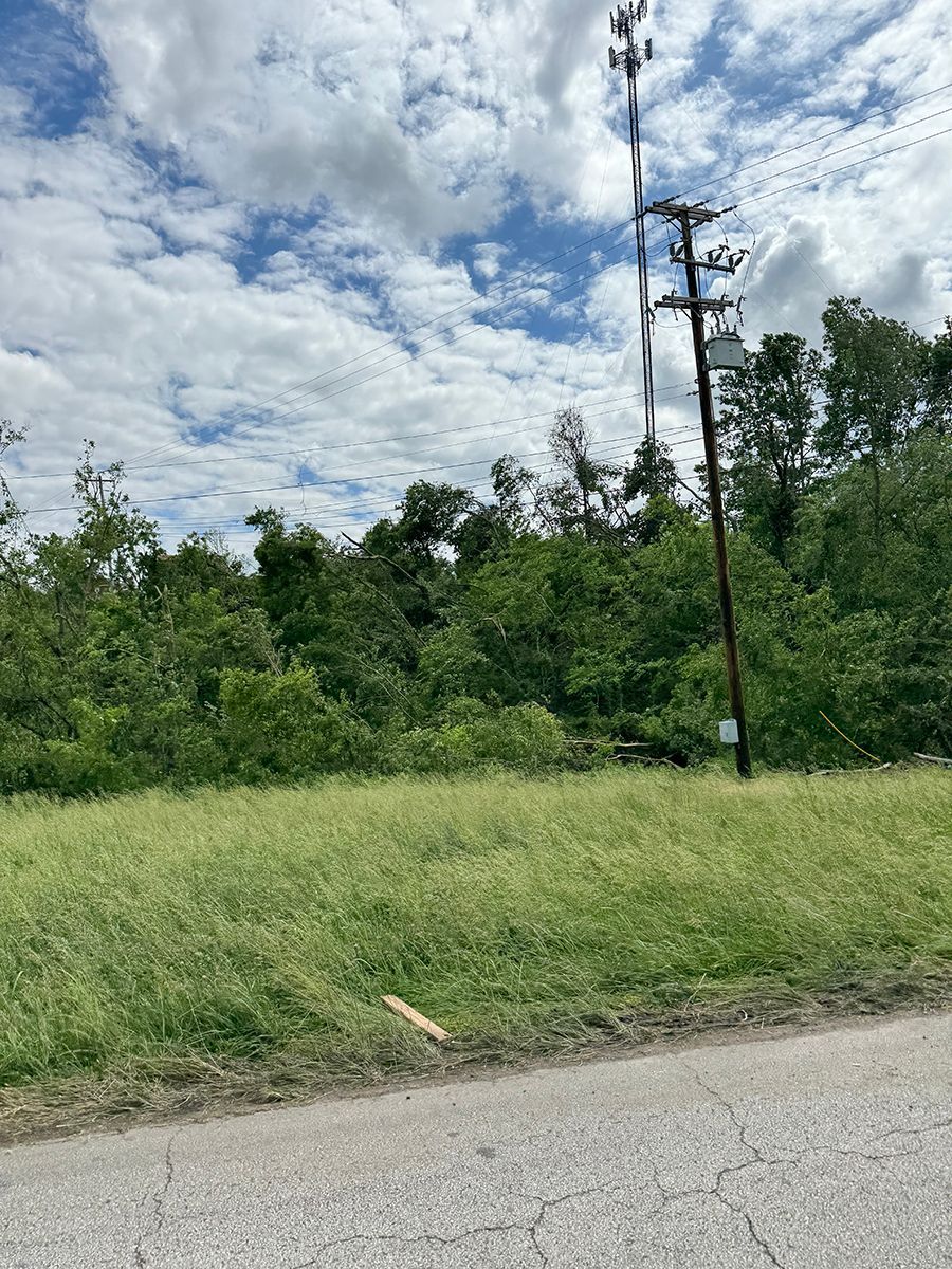 A telephone pole is sitting in the middle of a grassy field.