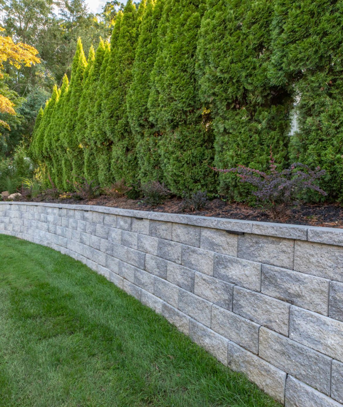 A stone wall surrounded by trees and grass in a backyard.