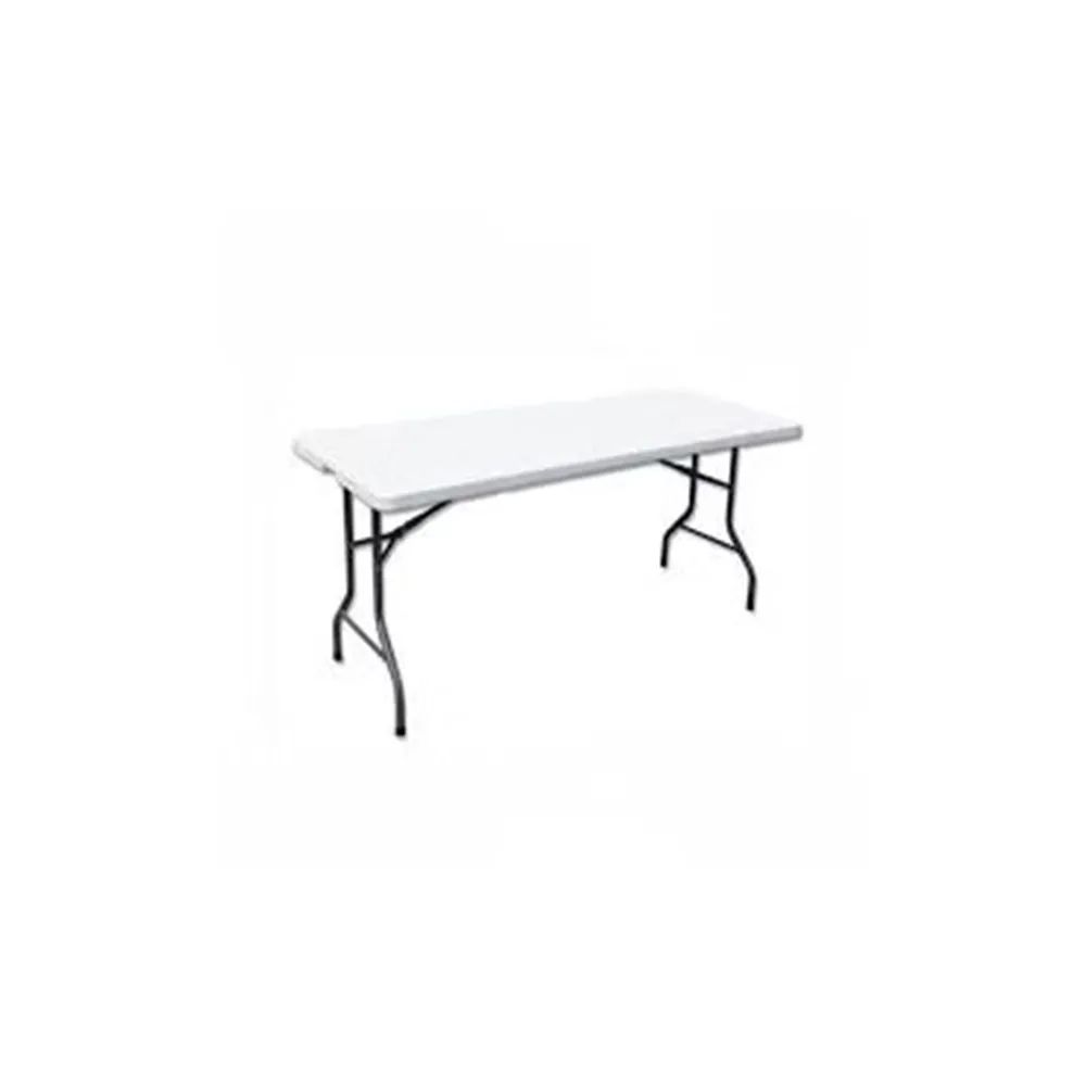White folding banquet table with black metal legs on a white background