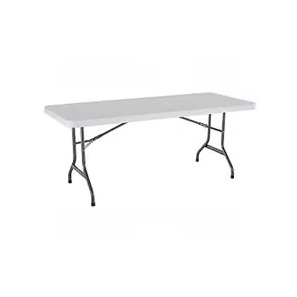 White folding table with gray top and black metal legs on a plain background