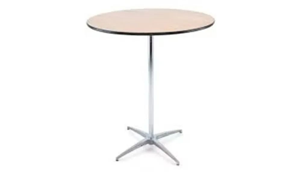 Round light-wood table with a silver pedestal base on a white background