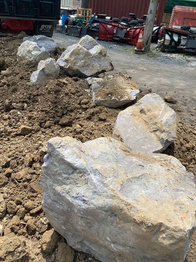 Large light-colored rocks in a row set in brown soil, likely a landscaping project.