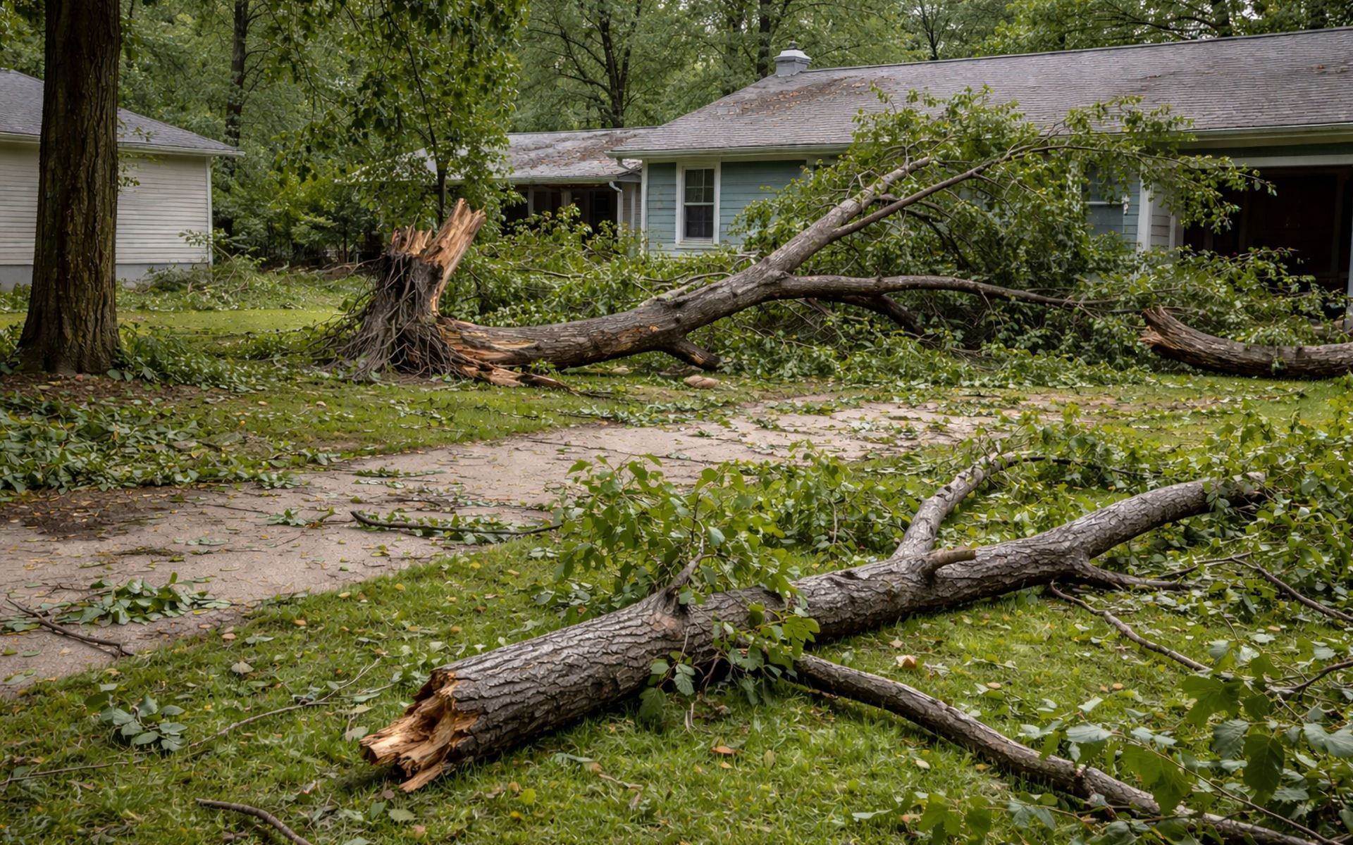 Orange wood chipper and red dump truck processing tree debris on a driveway, with trees in the background.