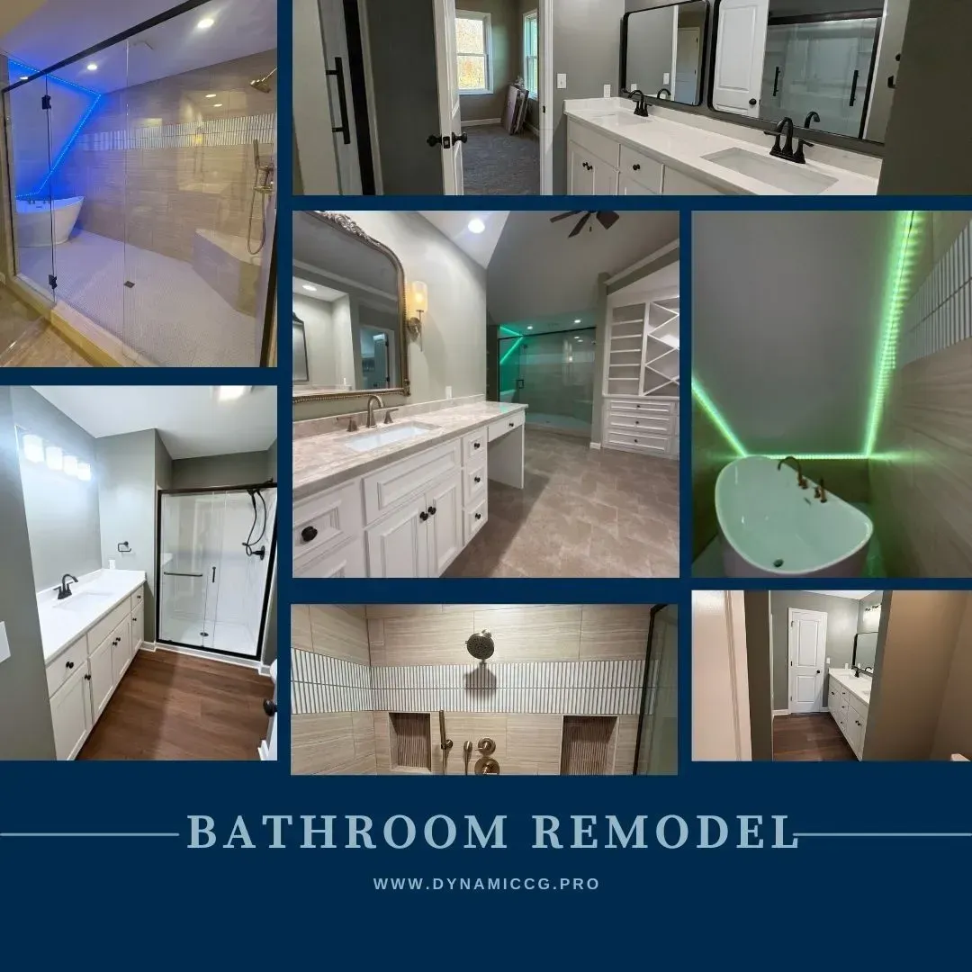 Collage of bathroom remodeling photos featuring various designs, colors, and layouts.