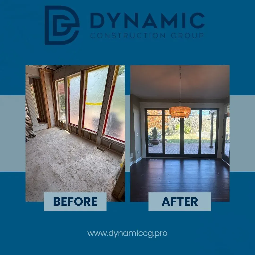 Before-and-after of a room remodel: old room with exposed framing, new room with dark floors and a chandelier.