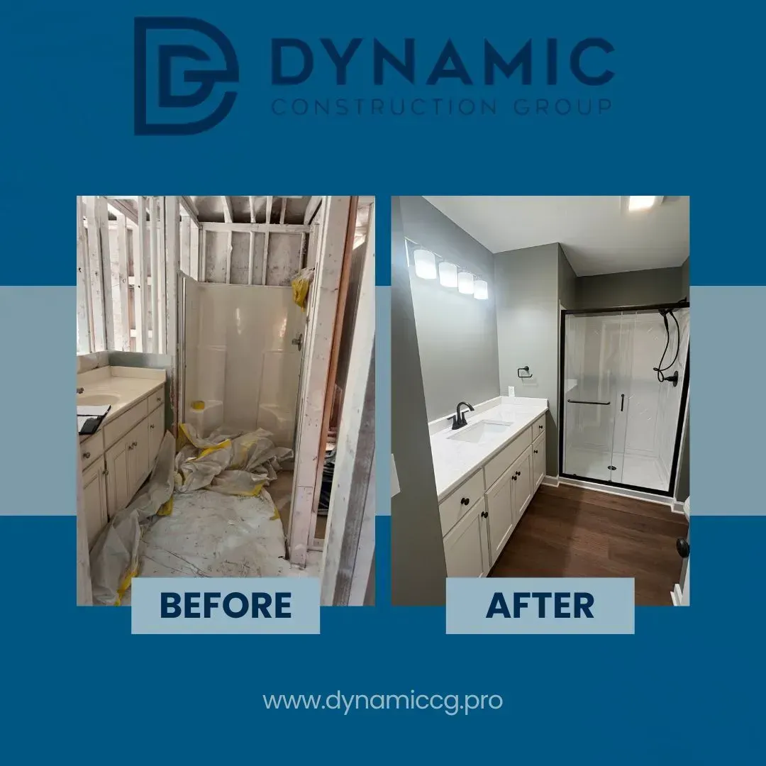 Before and after bathroom remodel. Construction underway on left, finished room on right. White cabinetry, grey walls.