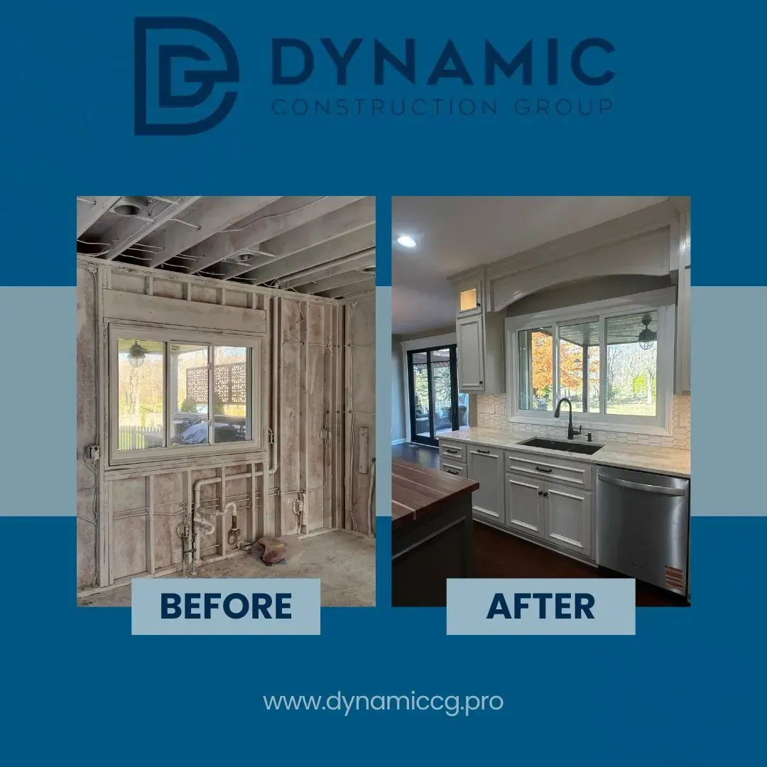 Kitchen renovation comparison: before, exposed wall studs; after, finished kitchen with cabinets, window.