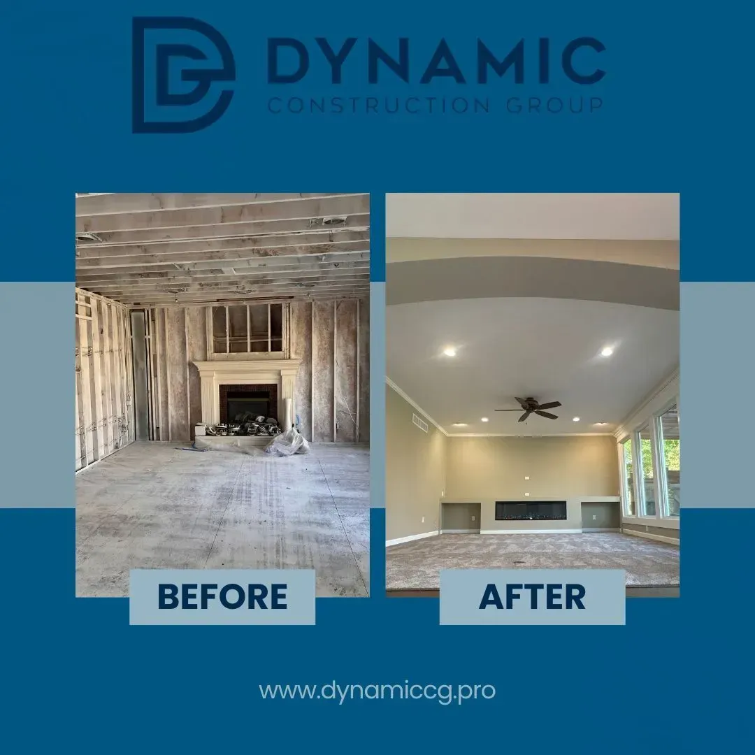 Before & after home renovation; room with fireplace, exposed framing to finished, painted space.