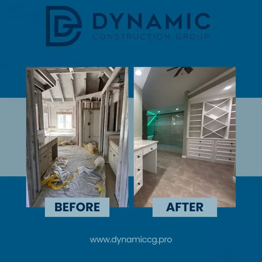 Bathroom remodel: before and after. Renovation showing demo stage on left and completed room on the right.