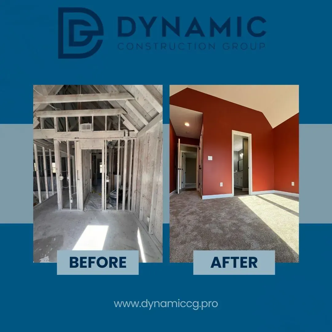 Room before and after construction; raw wood framing compared to finished room with red walls, carpet.