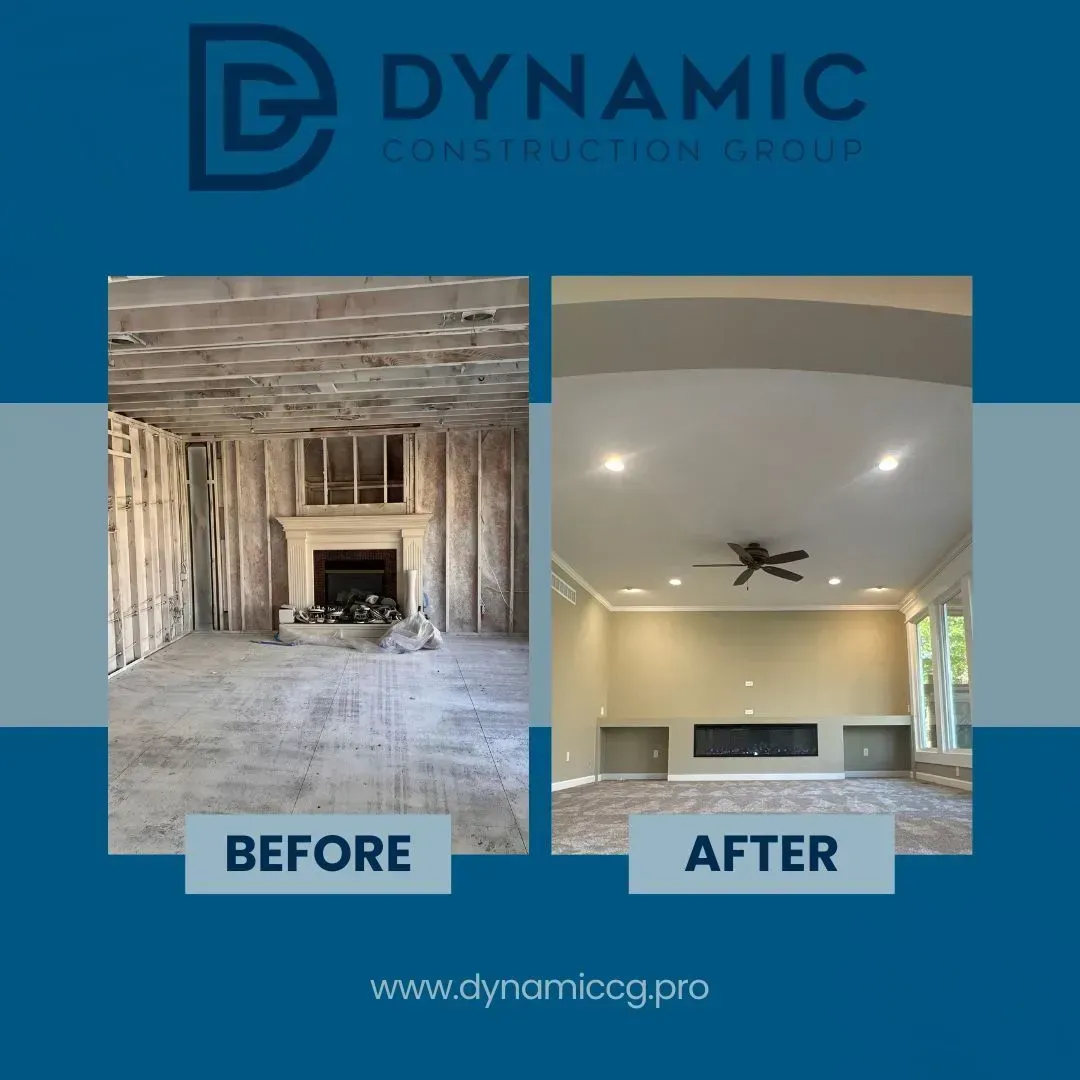 Before-and-after of a room remodel. The before shows studs and a fireplace. After reveals a finished room with recessed lights and a modern fireplace.