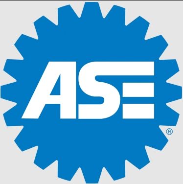 ASE logo in a blue gear shape with white letters