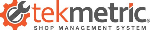 Tekmetric logo with orange gear and gray wrench, shop management system text